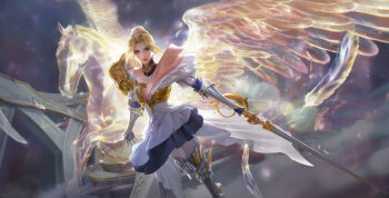 1girl absurdres alternate_costume armor armored_boots blonde_hair blue_eyes boots braid breasts bun_with_braided_base charlotte_christine_de_colde elbow_gloves feathers gloves hair_bun highres holding holding_sword holding_weapon horse looking_at_viewer medium_hair non-web_source official_alternate_costume official_art pauldrons pegasus rapier samurai_spirits shoulder_armor single_pauldron skirt snk solo sword wangzhe_rongyao weapon white_skirt xialuote_(wangzhe_rongyao)