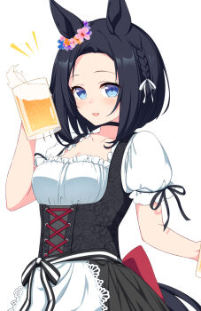 1girl alcohol animal_ears apron bananatsukis bare_shoulders beer beer_mug black_choker black_dress black_hair black_skirt blue_eyes blush bodice bow breasts choker choler collarbone cup dirndl dress ear_ribbon ear_scrunchie eishin_flash_(meisterschaft)_(umamusume) eishin_flash_(umamusume) flower german_clothes hair_between_eyes highres holding holding_cup horse_ears horse_girl horse_tail looking_at_viewer medium_breasts medium_hair mug open_mouth shirt short_hair skirt smile solo tail umamusume white_apron white_shirt