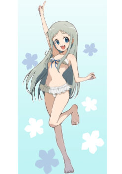 1girl :d ano_hi_mita_hana_no_namae_wo_bokutachi_wa_mada_shiranai. arm_up bare_arms bare_legs bare_shoulders barefoot bikini bikini_skirt blue_eyes breasts commentary_request feet floral_background full_body green_eyes grey_hair highres honma_meiko index_finger_raised light_blush long_hair looking_at_viewer mashiroshiro microskirt open_mouth pillarboxed skirt small_breasts smile solo standing standing_on_one_leg swimsuit toes very_long_hair white_bikini