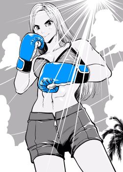 1girl abs bikini bikini_top_only blue_gloves boxing_gloves breasts cloud commentary_request cowboy_shot fighting_stance forehead from_below gloves greyscale highres lee_(dragon_garou) light_rays linea_alba long_hair medium_breasts monochrome navel original short_shorts shorts smile solo spot_color sunlight swimsuit toned toned_female tree