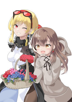 Rule 34 | 2girls, :d, ahoge, basket, berry, blonde hair, blueberry, blush, breasts, brown eyes, brown hair, brown sweater, double-parted bangs, dress, eyewear on head, food, fruit, glawsbsxpytn7j9, gloves, hair between eyes, hashtag-only commentary, highres, holding, holding basket, hololive, hololive english, hololive indonesia, kaela kovalskia, kaela kovalskia (1st costume), large breasts, long hair, looking at viewer, medium hair, multicolored hair, multiple girls, nanashi mumei, nanashi mumei (casual), official alternate costume, official alternate hairstyle, open mouth, raspberry, red-tinted eyewear, red eyes, red gloves, simple background, smile, streaked hair, sunglasses, sweater, tinted eyewear, virtual youtuber, white background, white dress