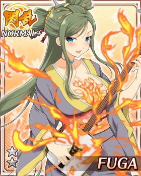 blue_eyes border breast_tattoo breasts card_(medium) character_name cleavage datehyogo english_text fire flame_tattoo flower_tattoo fuga_(senran_kagura) game_cg green_hair grey_kimono hair_ornament holding holding_instrument holding_plectrum instrument japanese_clothes jewelry kanzashi kimono large_breasts lipstick long_hair looking_at_viewer makeup mole mole_under_eye necklace official_alternate_costume official_art open_mouth parted_lips plectrum pyrokinesis senran_kagura senran_kagura_new_wave shamisen sidelocks smile swept_bangs tattoo yellow_trim