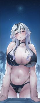 1girl absurdres algorhythm_project armpits baku_(algorhythm_project) bikini black_bikini black_choker black_hair blue_eyes blush breasts choker highres large_breasts long_hair mole mole_on_breast multicolored_hair navel night open_mouth pool sky solo stomach streaked_hair swimsuit umamii virtual_youtuber wet white_hair