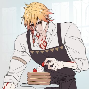 1boy apron arm_tattoo armlet black_apron blonde_hair braid chest_tattoo cm_(tenji1352) collared_shirt commentary_request earrings facial_tattoo food fruit gold_earrings gradient_hair holding holding_food holding_fruit honkai:_star_rail honkai_(series) jewelry korean_commentary male_focus medium_hair multicolored_hair mydei_(delicacies)_(honkai:_star_rail) mydei_(honkai:_star_rail) official_alternate_costume pancake pancake_stack red_hair red_tattoo shirt side_braid solo strawberry tattoo white_shirt yellow_eyes