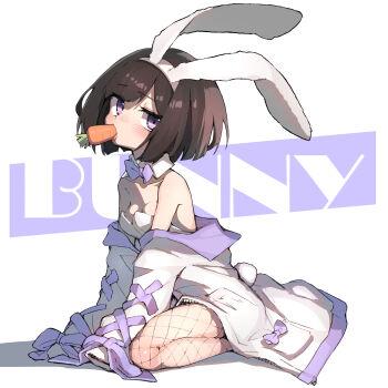 1girl absurdres animal_ears bob_cut bow bowtie breasts brown_hair carrot english_text fake_animal_ears fake_tail fishnets fukutchi highres kneeling kouhai-chan_(fukutchi) long_sleeves looking_at_viewer medium_breasts mouth_hold original playboy_bunny purple_bow purple_bowtie purple_eyes rabbit_ears rabbit_tail solo sweater tail text_background white_sweater