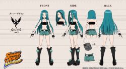 1girl animated arm_tattoo armpits ass bandeau bare_shoulders belly belt belt_buckle blue_eyes blue_hair boots breasts buckle reference_sheet cleavage copyright_name denim denim_shorts eye_visible_through_hair fingerless_gloves frown gloves hair_ornament jewelry kanna_bismarch legs long_hair long_legs looking_at_viewer medium_breasts midriff multiple_views navel official_art shaded_face shaman_king short_shorts shorts tagme tattoo video