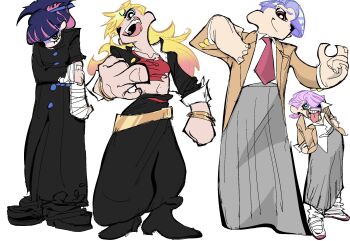 Rule 34 | 2boys, 2girls, 3s0 mi5o, bandaged arm, bandages, blazer, blue eyes, blunt bangs, bracelet, collarbone, delinquent, eyelashes, gakuran, gradient hair, hair over one eye, hashtag-only commentary, highres, jacket, jewelry, long skirt, middle finger, multicolored hair, multiple boys, multiple girls, necktie, one eye closed, open clothes, open jacket, panty &amp; stocking with garterbelt, panty (psg), pink hair, polyester (psg), polyurethane (psg), purple hair, red eyes, red necktie, school uniform, simple background, skirt, stocking (psg), tongue, tongue out, torn clothes, white background