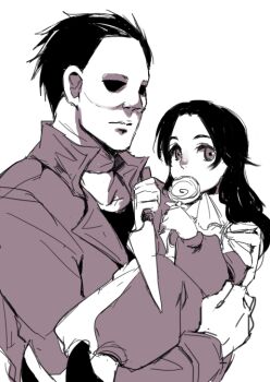 1boy 1girl 1kouj1_yaeko 2019 age_difference brown_hair candy child clown_costume food halloween_(movie) height_difference holding holding_candy holding_food holding_knife holding_lollipop holding_person jamie_lloyd knife lollipop michael_myers older_male_and_younger_female size_difference uncle_and_niece white_background white_mask