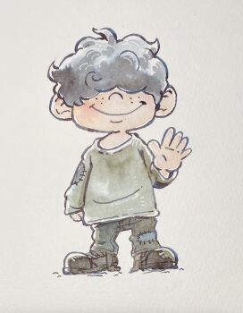 1boy akahanadragon black_hair blush curly_hair facing_viewer freckles full_body hair_over_eyes hand_up mother_(series) mother_2 nintendo patchwork_clothes shoes smile solo waving