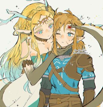 1boy 1girl animal_ears aqua_eyes aqua_tunic armlet armor bare_shoulders black_sweater blood blood_on_face braid breasts choker circlet cleavage crown_braid dragon_ears dragon_girl dragon_horns dragon_tail dress earrings facial_mark facial_scar hair_between_eyes hand_on_another's_chin hazeleafyy horns jewelry leather_armor light_dragon_(zelda) link long_hair low_ponytail medium_breasts nintendo one_eye_closed parted_bangs pointy_ears ponytail princess_zelda scar scar_on_cheek scar_on_face sidelocks single_shoulder_pad sparkle strapless strapless_dress sweatdrop sweater tail teardrop_facial_mark the_legend_of_zelda the_legend_of_zelda:_tears_of_the_kingdom tunic turtleneck turtleneck_sweater upper_body white_background