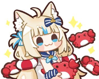 Rule 34 | > <, 1girl, :3, ahoge, animal ear fluff, animal ears, blonde hair, blue eyes, blue hair, blunt bangs, bow, cat ears, chibi, chibi only, choppy bangs, commentary, crab, hair bow, indie virtual youtuber, kaniki (sameko saba), lifebuoy hair ornament, long hair, low twintails, multicolored hair, one side up, same anko, sameko saba, scrunchie, simple background, solo, sparkle, streaked hair, symbol-only commentary, twintails, two-tone hair, virtual youtuber, white background, wrist scrunchie