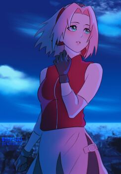 Rule 34 | 1girl, bike shorts, black gloves, breasts, clenched hand, cloud, commentary, cowboy shot, english commentary, gloves, green eyes, hairband, haruno sakura, highres, looking to the side, medium breasts, naruto (series), naruto shippuuden, night, parted lips, pink hair, pink lips, red hairband, shirt, sky, sleeveless, sleeveless shirt, solo, twitter username, umbra (edits umbra), watermark