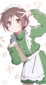1girl apron arm_up brown_eyes brown_hair cowboy_shot dress floral_print green_dress green_jacket hasegawa_fumi holding jacket jersey leaning_forward long_sleeves maid_apron maid_headdress short_hair simple_background solo tatsunokosso track_jacket turtleneck turtleneck_jacket v v_over_head white_apron white_background yuyushiki