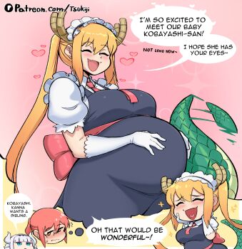 3girls blue_eyes border closed_eyes closed_mouth commentary english_commentary english_text female_focus highres imagining kanna_kamui kobayashi-san_chi_no_maidragon kobayashi_(maidragon) looking_at_viewer multiple_girls open_mouth outside_border patreon_logo pregnant speech_bubble tohru_(maidragon) tsukijitums watermark web_address white_border yuri