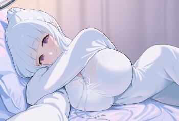 1girl absurdres bed bed_sheet blue_archive blurry blurry_background breasts commentary_request halo highres indoors large_breasts long_hair looking_at_viewer lying mechanical_halo noa_(blue_archive) noa_(pajamas)_(blue_archive) official_alternate_costume on_bed on_side pajamas purple_eyes shinroji smile solo white_hair white_pajamas