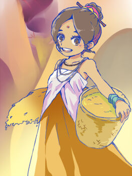 10s 1girl armpits bare_shoulders basket bindi bracelet braid brown_eyes brown_hair dark-skinned_female dark_skin dayoon_girl dress eyeshadow female_focus flat_chest from_side hair_bun hair_ornament hair_stick happy holding idu jewelry looking_at_viewer makeup necklace open_mouth osomatsu-san osomatsu_(series) outstretched_arm parted_bangs scrunchie short_hair side_braid sidelocks single_hair_bun smile solo spaghetti_strap standing straw_(stalk)