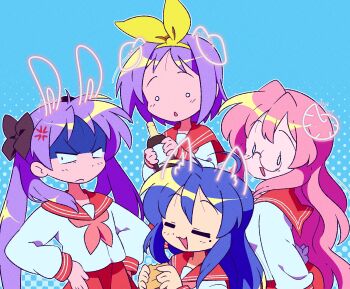 4girls :3 =_= ahoge anger_vein animal_ears blue_background blue_hair bottle chocolate_cornet closed_eyes dog_ears food fox_ears frown glasses highres hiiragi_kagami hiiragi_tsukasa holding holding_bottle holding_food horns izumi_konata long_hair lucky_star mole mole_under_eye multiple_girls pink_hair purple_hair rabbit_ears round_eyewear ryouou_school_uniform school_uniform shaded_face sheep_horns short_hair takara_miyuki twintails yuki_oto