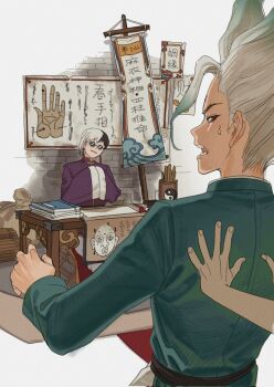 Rule 34 | 2boys, asagiri gen, black eyes, black hair, book, book stack, brothers, calligraphy brush, chinese clothes, colored tips, commentary request, dr. stone, earrings, flying sweatdrops, gradient hair, green hair, hands in opposite sleeves, highres, holding, holding scroll, ishigami senkuu, jewelry, long sleeves, looking at viewer, looking back, male focus, multicolored hair, multiple boys, open mouth, paintbrush, paper, profile, red eyes, robe, scroll, siblings, sideways glance, sitting, smile, solo focus, split-color hair, sweat, sweatdrop, table, toggles, two-tone hair, white background, white hair, wide sleeves, yin yang, zura00zura