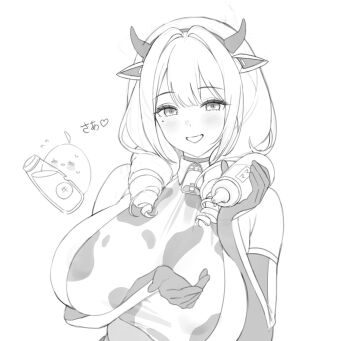 1girl absurdres animal_ears animal_print azur_lane baby_bottle bell blush bottle breasts commentary_request cow_ears cow_horns cow_print cow_print_gloves cowbell cowpens_(azur_lane) drill_hair elbow_gloves fake_animal_ears fake_horns gloves greyscale highres horns huge_breasts looking_at_viewer manjuu_(azur_lane) medium_hair milk_bottle mole mole_under_eye monochrome neck_bell okawa_(okawa_r1) print_gloves upper_body