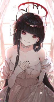 1girl absurdres ahoge bare_shoulders black_hair black_nails blood blood_halo blue_archive breasts cleavage commentary dress elbow_gloves gloves gwi_dong_nyang halo hand_on_own_chest highres large_breasts liquid_halo long_hair looking_at_viewer nail_polish red_eyes red_halo smile symbol-only_commentary tsurugi_(blue_archive) tsurugi_(dress)_(blue_archive) wedding_dress white_dress white_gloves