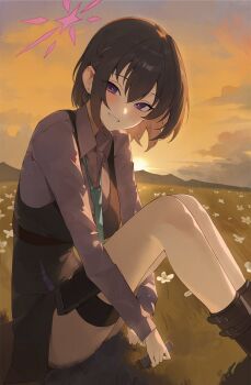 1girl aqua_necktie black_boots black_hair blue_archive boots brown_hair field flower flower_field grass halo highres kji_(rozo) legs looking_at_viewer multicolored_hair necktie outdoors pink_halo pink_shirt shirt short_hair sitting smile solo subaru_(blue_archive) thighs two-tone_hair white_flower