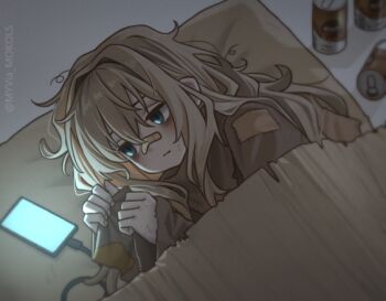 1girl alternate_costume artist_name bags_under_eyes bandaid bandaid_on_face blue_eyes brown_hair brown_shirt cable can cardboard cellphone closed_mouth commentary dirty dirty_clothes dirty_face drink_can english_commentary expressionless fingernails from_above hair_between_eyes kipfel_(vrchat) long_hair long_sleeves lying messy_hair myvia_mokols on_side patch phone poverty shirt sleeves_past_wrists smartphone solo vrchat