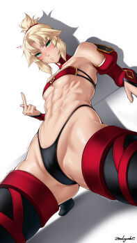 1girl abs bandeau bare_shoulders black_panties blonde_hair blush braid breasts commentary fate/apocrypha fate/grand_order fate_(series) frown green_eyes hair_ornament hair_scrunchie highleg highleg_panties highres long_hair looking_at_viewer middle_finger mordred_(fate) mordred_(fate/apocrypha) mordred_(third_ascension)_(fate) navel panties ponytail red_bandeau red_scrunchie scrunchie sidelocks skindentation small_breasts solo toned toned_female underwear zealyush