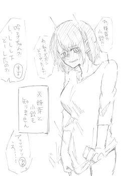 1girl blush bottomless breasts collarbone commentary_request covering_crotch covering_privates flinch full-face_blush greyscale highres large_breasts link!_like!_love_live! love_live! momose_ginko monochrome parted_lips shirt_tug simple_background solo tama_jirou_(tamaru0225) three-quarter_sleeves translation_request virtual_youtuber white_background