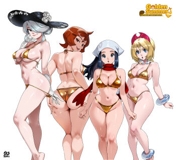 4girls :o absurdres akari_(pokemon) alternate_breast_size_(larger) anklet arezu_(pokemon) armpit_crease ass ass_support bikini bikini_bottom_pull black_hair black_hat blonde_hair blue_eyes bracelet breasts brown_eyes brown_hair cleavage cogita_(pokemon) commentary feet_out_of_frame from_behind gloves gold_bikini grey_eyes hair_over_one_eye hairband hands_on_own_ass hat highres irida_(pokemon) jewelry kyoffie large_breasts long_hair looking_at_viewer looking_back mature_female medium_breasts multiple_girls navel nintendo open_mouth pokemon pokemon_legends:_arceus red_hairband red_scarf scarf short_hair simple_background smile stomach strap_gap sun_hat swimsuit teeth upper_teeth_only white_background white_gloves white_hair white_hat