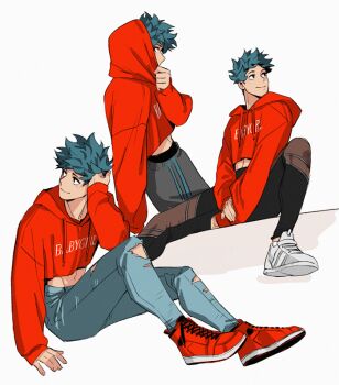 Rule 34 | 1boy, 5mll3, arm up, black male underwear, blue pants, boku no hero academia, closed mouth, cropped hoodie, denim, drawstring, elbow on knee, green hair, hand on own arm, hood, hood down, hood up, hoodie, invisible chair, jeans, long sleeves, looking to the side, male focus, male underwear, male underwear peek, midoriya izuku, midriff, multiple views, navel, pants, red shoes, shoes, short hair, sideways glance, sitting, sleeves past wrists, smile, sneakers, striped clothes, striped pants, sweatpants, torn clothes, underwear, vertical-striped clothes, vertical-striped pants, white shoes