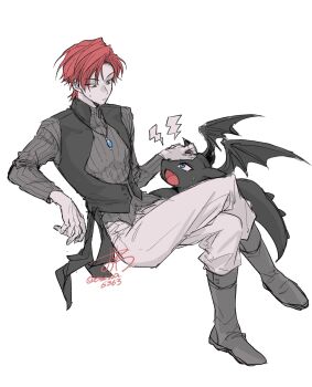 1boy black_vest blue_eyes boots cale_henituse closed_mouth commentary_request crossed_legs dated dragon full_body highres invisible_chair jewelry long_sleeves looking_at_another lout_of_count&#039;s_family male_focus necklace open_mouth osewa6363 pants raon_miru red_eyes red_hair shirt short_hair signature simple_background sitting sketch vest white_background white_pants wings