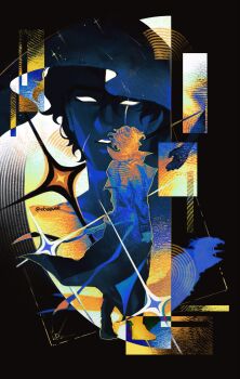 2boys abstract black_coat black_hair cloak coat disembodied_arm dual_persona empty_eyes evie_(baoxiao) full_body glowing glowing_eyes head_tilt highres hood hood_up hooded_cloak male_focus meteor_shower multiple_boys omniscient_reader&#039;s_viewpoint open_clothes open_coat outstretched_arm painterly parted_lips popped_collar reaching reaching_towards_another revealing_layer saturated scar scar_across_eye scar_on_face secretive_plotter shadow short_hair size_difference standing starry_sky_print yoo_joonghyuk