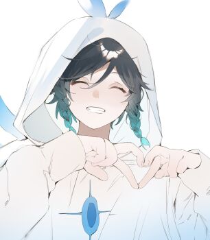 1boy black_hair blue_hair braid closed_eyes commentary english_commentary genshin_impact gradient_hair grin heart heart_hands highres hood hood_up hoodie male_focus multicolored_hair short_hair_with_long_locks simple_background smile solo twin_braids venti_(genshin_impact) white_background white_hoodie yukiusagi_(snowrabbit0508)