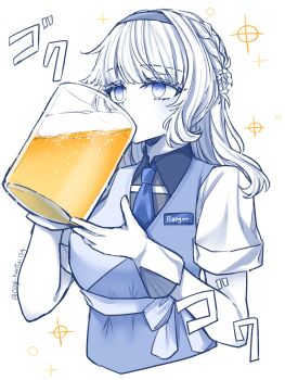 Rule 34 | 1girl, alcohol, apron, beer, beer mug, braid, collared shirt, commentary request, cropped torso, cup, drinking, expressionless, eyelashes, foam, gloves, hair bun, hairband, highres, holding, holding cup, kantai collection, long hair, mug, nagi kantai114, necktie, one-hour drawing challenge, ranger (kancolle), shirt, short sleeves, simple background, single side bun, solo, sound effects, sparkle, twitter username, upper body