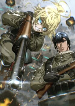 Rule 34 | 1boy, 1girl, ahoge, aiming, black eyes, black gloves, black hair, blonde hair, blue eyes, blurry, blurry background, city hunter, closed mouth, commentary request, crossover, evil grin, evil smile, explosion, eye trail, fur-trimmed jacket, fur trim, glint, gloves, green jacket, green pants, grin, gun, hair between eyes, highres, holding, holding gun, holding weapon, huge ahoge, jacket, light trail, load bearing equipment, long sleeves, looking at viewer, military combat uniform, military uniform, pants, rifle, saeba ryou, short hair, smile, tanya degurechaff, trigger discipline, weapon, youjo senki, yuu (masarunomori)