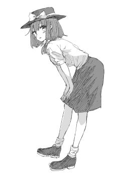 1girl black_hat black_shoes black_skirt bow commentary greyscale hair_bow hands_on_own_knee hat hat_bow highres kashiwada_kiiho leaning_forward looking_at_viewer medium_hair monochrome open_mouth shirt shoes short_sleeves simple_background skirt socks solo standing touhou usami_renko white_background white_bow white_shirt white_socks