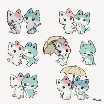 Rule 34 | > <, :o, animal, animal focus, ayu (mog), blue cat, cat, closed eyes, closed mouth, commentary, commentary request, crowbar, dot mouth, english commentary, hammer, holding, holding umbrella, licking self, mixed-language commentary, no humans, one eye closed, original, pink cat, romaji commentary, signature, simple background, solid circle eyes, umbrella, whiskers, white background, yellow umbrella