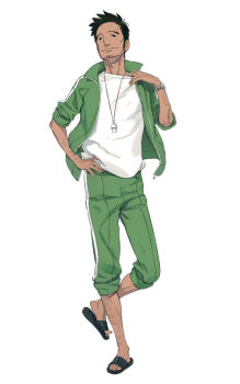 Rule 34 | 1boy, arm hair, black hair, facial hair, flippers, fukuda tomonori, full body, game cg, jacket, leg hair, long hair, looking at viewer, male focus, nagafukada mitsuhiko, official art, open clothes, pants, robotics;notes, science adventure, shirt, short hair, simple background, smile, solo, stubble, toenails, toes, track jacket, very short hair, whistle, whistle around neck, white shirt