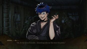 1boy anaizzzen black_hair blue_eyes blue_hair bridge_piercing collar collarbone commentary crossover ear_piercing earrings english_commentary english_text eyebrow_piercing eyepatch face_piercing fingernails hand_up highres indoors japanese_clothes jewelry lip_piercing looking_at_viewer male_focus messy_hair multicolored_hair omokage_yugamu one_eye_covered open_mouth piercing shiin_(spirit_hunter) skeleton solo solo_focus teeth the_hundred_line_-last_defense_academy- upper_teeth_only user_interface