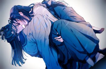 Rule 34 | 1boy, 1girl, arms around neck, black shoes, blue eyes, carrying, chinese clothes, commentary request, couple, daifukumochi213, flats, full body, green hair, half updo, hetero, highres, jinshi (kusuriya no hitorigoto), kusuriya no hitorigoto, long skirt, looking at another, maomao (kusuriya no hitorigoto), parted bangs, pink hair, princess carry, purple hair, shoes, skirt