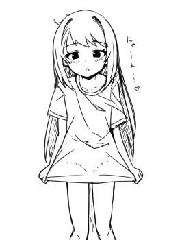 1girl blush collarbone commentary feet_out_of_frame flat_chest greyscale highres loli long_hair monochrome naked_shirt open_mouth original pussy_juice shirt short_sleeves simple_background solo standing symbol-only_commentary takasuma_hiro