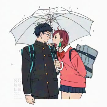 1boy 1girl arm_behind_back ayase_momo backpack bag black_choker black_hair black_jacket blue_bag blue_skirt blush bow bowtie brown_hair buttons choker collared_shirt commentary_request cowboy_shot dandadan earrings eye_contact gakuran glasses gold_buttons grey_bag hair_behind_ear hand_on_another's_shoulder highres holding holding_umbrella jacket jewelry k_ysd001 long_sleeves looking_at_another loose_bowtie medium_hair pink_sweater pleated_skirt profile rain red_bow red_bowtie school_uniform shared_umbrella shirt shirt_under_sweater short_hair skirt sweater takakura_ken_(dandadan) umbrella white_background white_shirt