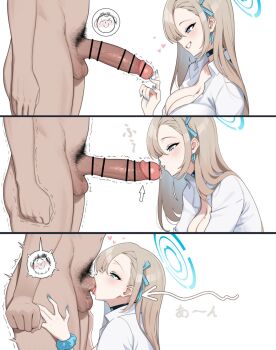 1boy 1girl 3koma arrow_(symbol) asuna_(blue_archive) asuna_(school_uniform)_(blue_archive) bar_censor black_choker blue_archive blue_eyes blue_halo blue_nails blue_ribbon blue_scrunchie breasts brown_hair censored choker cleavage clothed_female_nude_male collared_shirt comic deepthroat doodle_sensei_(blue_archive) erection fellatio fingernails from_side gyaru hair_ornament hair_ribbon hair_scrunchie halo heart highres houkago_shounen large_breasts large_penis large_testicles long_hair looking_at_penis male_pubic_hair mole mole_on_breast nail_polish nude official_alternate_costume oral penis penis_awe precum pubic_hair ribbon school_uniform scrunchie sensei_(blue_archive) shirt testicles trembling twitching_penis veins veiny_penis white_shirt wrist_scrunchie