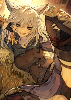 1girl absurdres animal_ears black_gloves black_panties boots breasts cat_ears commentary_request facial_mark fangs final_fantasy final_fantasy_xiv fingerless_gloves gloves hair_between_eyes hide_(hideout) highres holding_own_leg leg_up long_hair looking_at_viewer lying medium_breasts miqo'te on_side panties red_eyes smile solo spread_legs thigh_boots underwear warrior_of_light_(ff14) whisker_markings white_hair