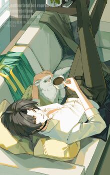 1boy asaba_harumasa bingzhen_h2o black_choker black_hair black_pants cat choker commentary_request couch crossed_legs cup curtains feet_out_of_frame from_above hand_on_animal head_on_pillow highres holding holding_cup indoors looking_at_viewer lying male_focus on_back on_couch pants parted_bangs parted_lips partially_unbuttoned pill pillow shirt shirt_tucked_in sleeves_rolled_up solo unworn_clothes white_cat white_shirt window yellow_eyes zenless_zone_zero