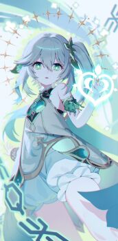 1girl absurdres bloomers bracelet dress flat_chest genshin_impact green_eyes grey_hair hair_between_eyes hair_ornament hands_up highres jewelry leaf_hair_ornament lemonpear long_hair looking_at_viewer magic nahida_(genshin_impact) open_mouth pointy_ears side_ponytail sleeveless sleeveless_dress solo symbol-shaped_pupils underwear white_bloomers