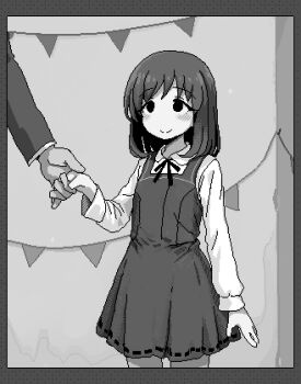 1girl aged_down alternate_costume blush border bunting closed_mouth collared_shirt cowboy_shot dress greyscale hamsterfragment hand_up holding_hands jaggy_lines long_sleeves lowres medium_hair monochrome neck_ribbon original pinafore_dress ribbon ribbon-trimmed_dress ribbon_trim shirt sleeveless sleeveless_dress smile solo_focus split_mouth shinohata_sachie_(hamsterfragment) tareme