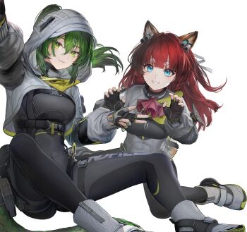2girls absurdres akekuri_(arknights) animal_ears arknights arknights:_endfield black_bodysuit blue_eyes bodysuit breasts chinese_commentary commentary_request covered_navel dog_ears dog_girl fingerless_gloves fluorite_(arknights) gloves green_eyes green_hair grin highres hood hood_up hooded_shrug irvinetope long_hair looking_at_another medium_breasts multiple_girls paw_pose red_hair shoes shrug_(clothing) simple_background sitting smile snake_girl snake_tail tail w white_background white_shoes white_shrug