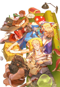 3boys 3girls animal_ears armor barefoot beard blonde_hair bottle breasts brown_hair cat_ears cat_girl cat_tail chilchuck_tims drinking dungeon_meshi dwarf facial_hair falin_touden falin_touden_(tallman) fork highres holding holding_bottle izutsumi laios_touden lying marcille_donato multiple_boys multiple_girls on_back original plate rabbit senshi_(dungeon_meshi) sheath sheathed sitting sleeping spoon sword tail tamias tentacles weapon