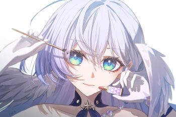 1girl absurdres applying_makeup applying_own_makeup aqua_eyes bare_shoulders bu_bai_(wres2744) closed_mouth commentary_request cosmetics detached_collar feathered_wings gloves hair_between_eyes hands_up head_wings highres holding holding_brush holding_lipstick_tube holding_makeup_brush honkai:_star_rail honkai_(series) jewel_under_eye lipstick lipstick_tube long_hair looking_at_viewer makeup makeup_brush pink_lips portrait purple_hair robin_(honkai:_star_rail) simple_background solo white_background white_gloves white_wings wings